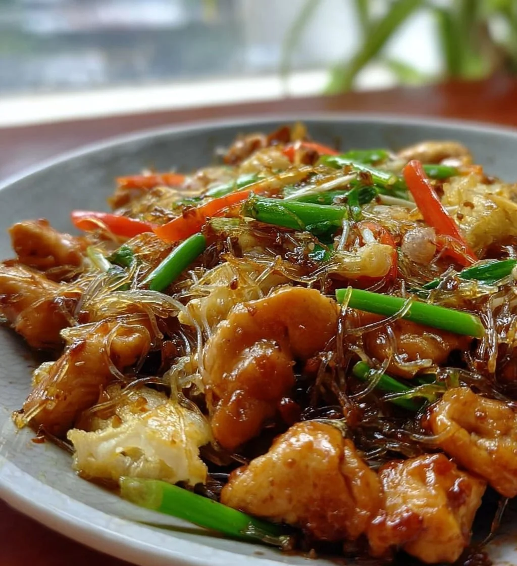 One-pan chicken rice noodles dish served in a skillet, garnished with vegetables.