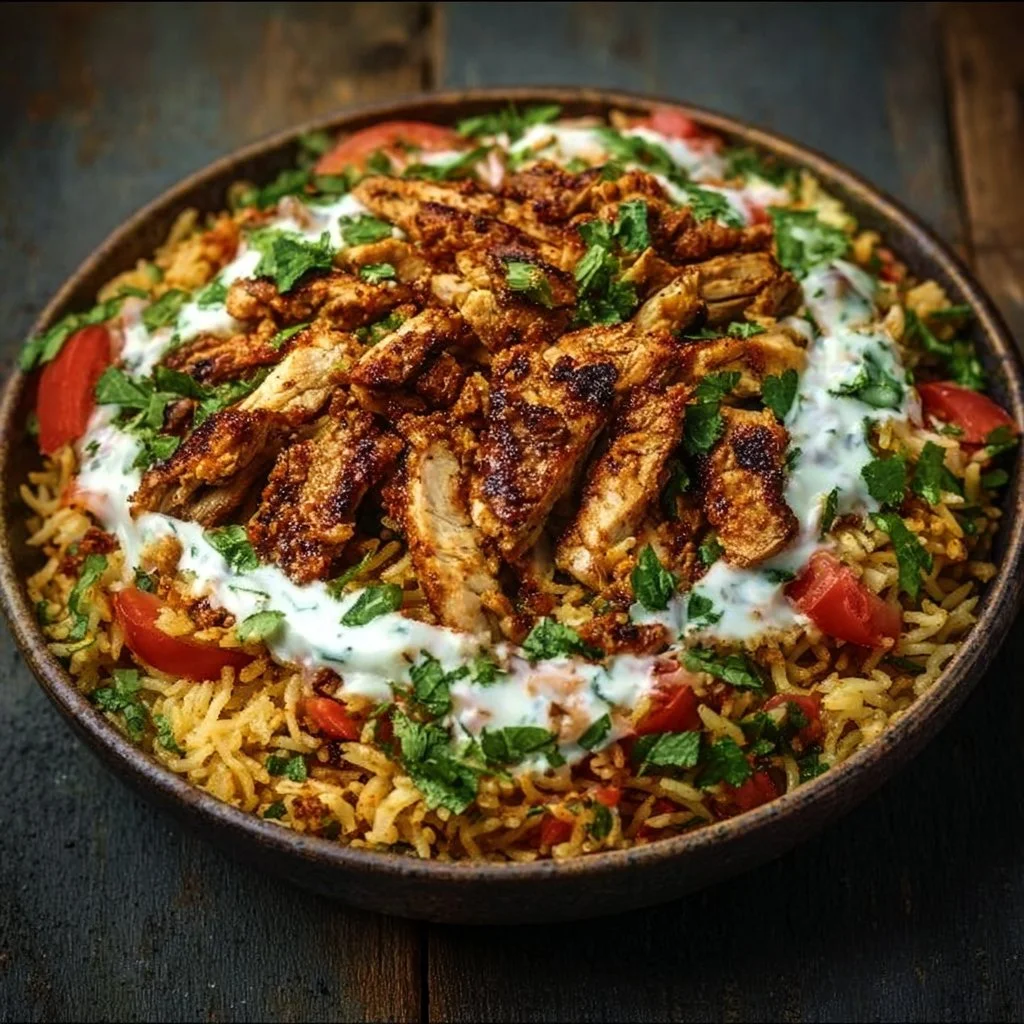 Delicious One Pot Chicken Shawarma Rice garnished with fresh herbs