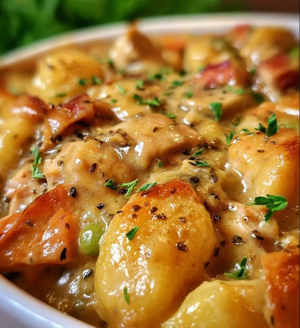 One Pot Gnocchi Chicken Pot Pie with vegetables in a rich sauce