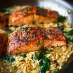 One skillet salmon with lemon orzo recipe served on a plate.