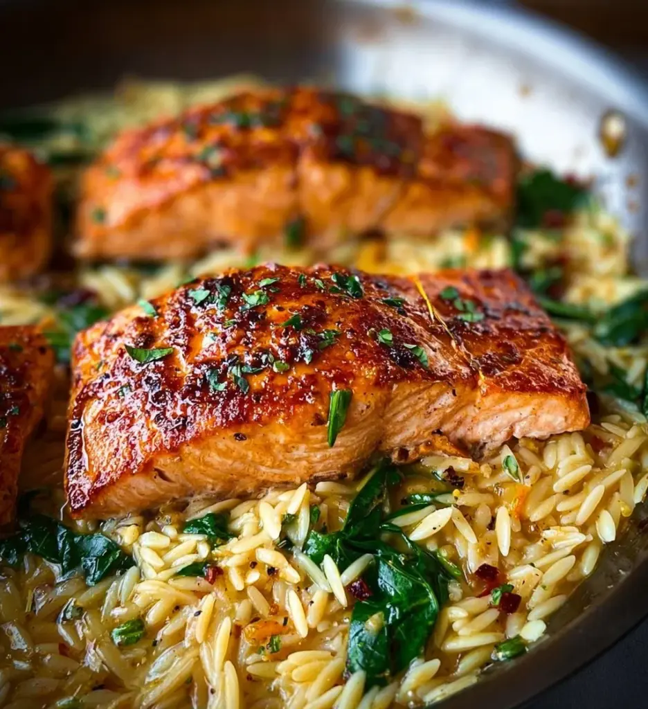 One skillet salmon with lemon orzo recipe served on a plate.