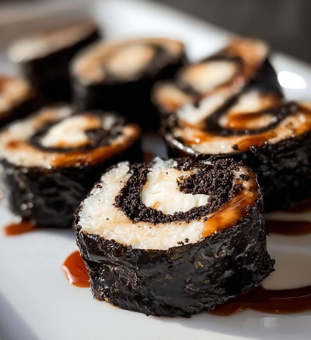 Oreo Sushi Rolls with chocolate drizzle and toppings on a plate