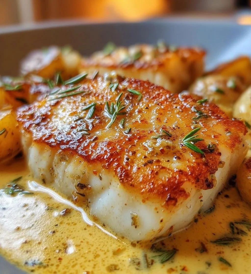 Pan-seared white fish plated with creamy potatoes in a gourmet setting.