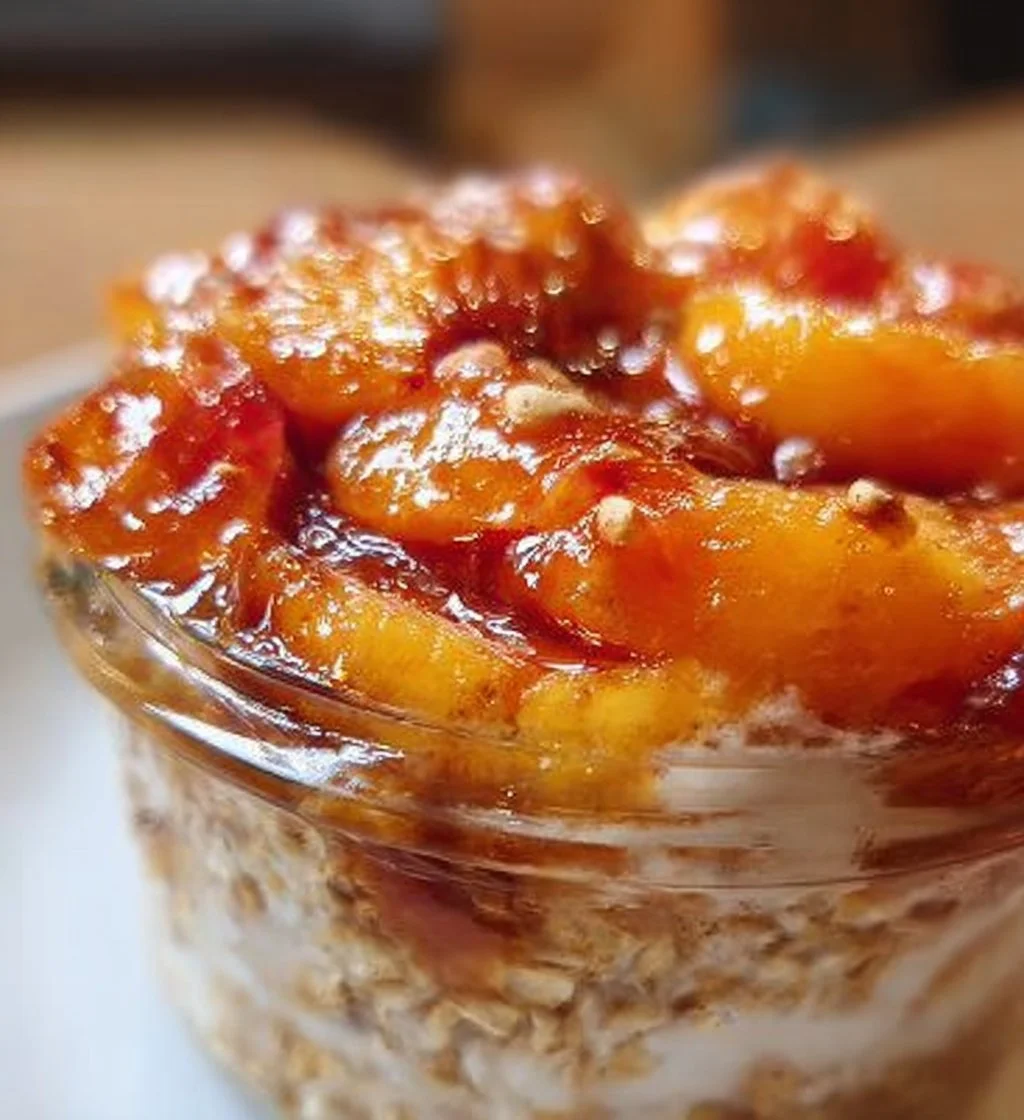 Bowl of peach cobbler overnight oats topped with fresh peaches and nuts.