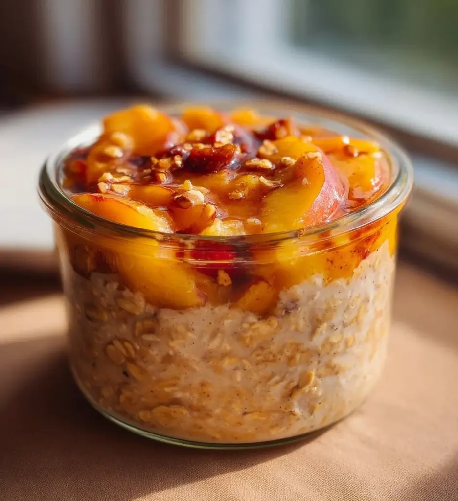 Bowl of peach cobbler overnight oats topped with fresh peaches and granola.