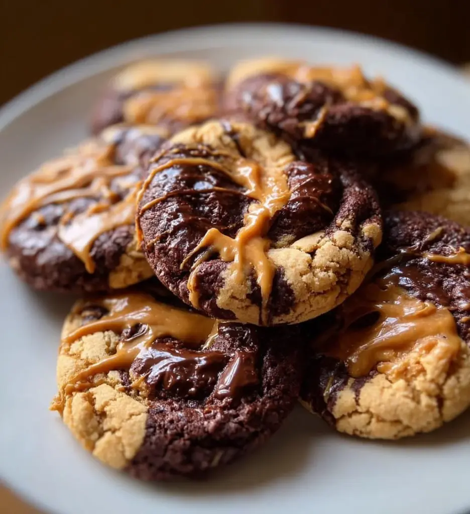 Delicious peanut butter brownie swirl cookies on a cooling rack
