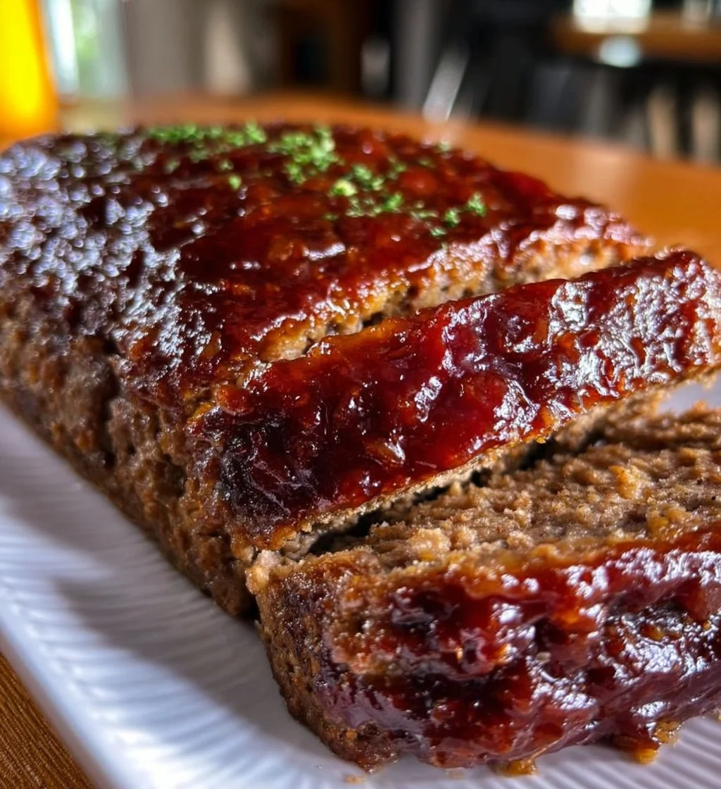 Delicious brown sugar meatloaf served with mashed potatoes and green beans