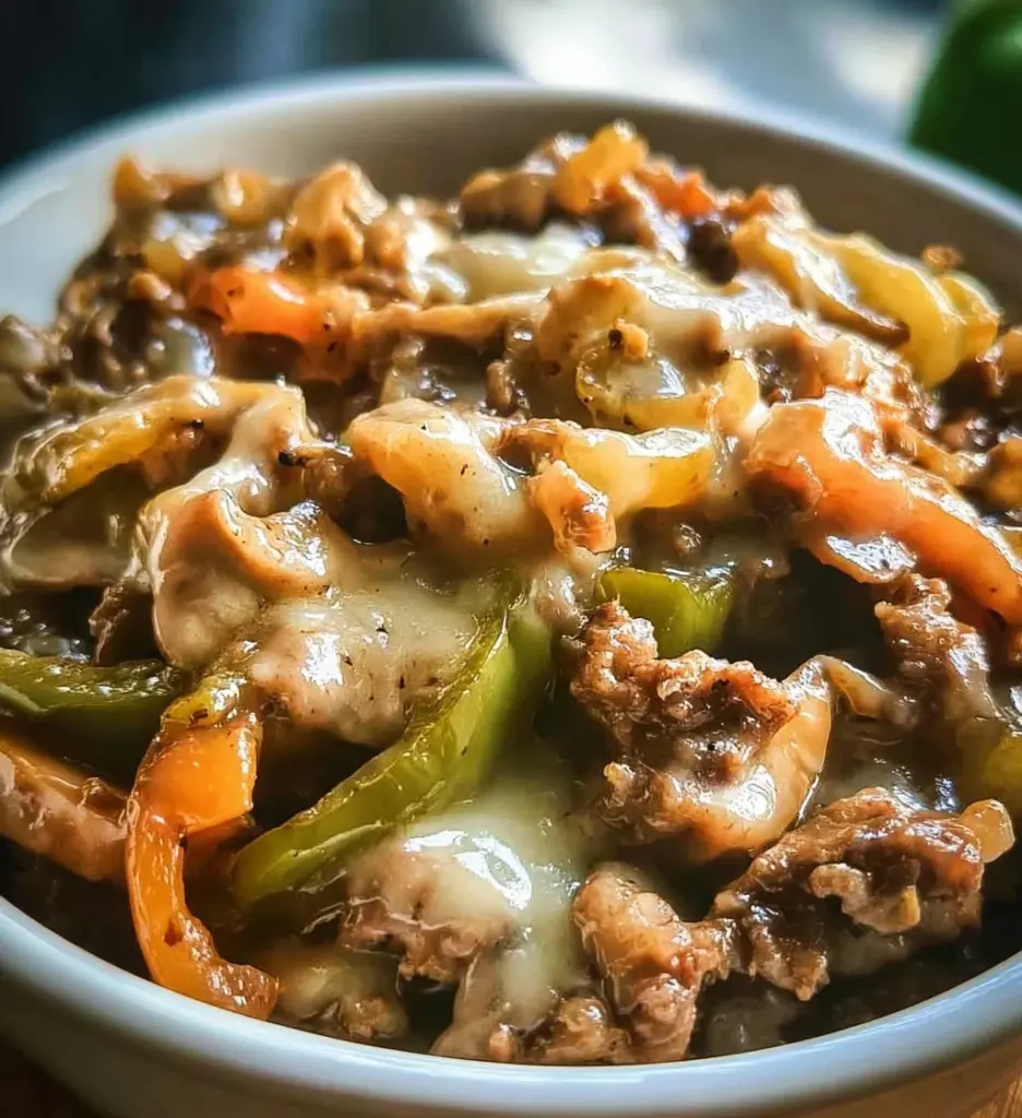 Delicious Philly Cheesesteak Bowl topped with melted cheese and fresh ingredients
