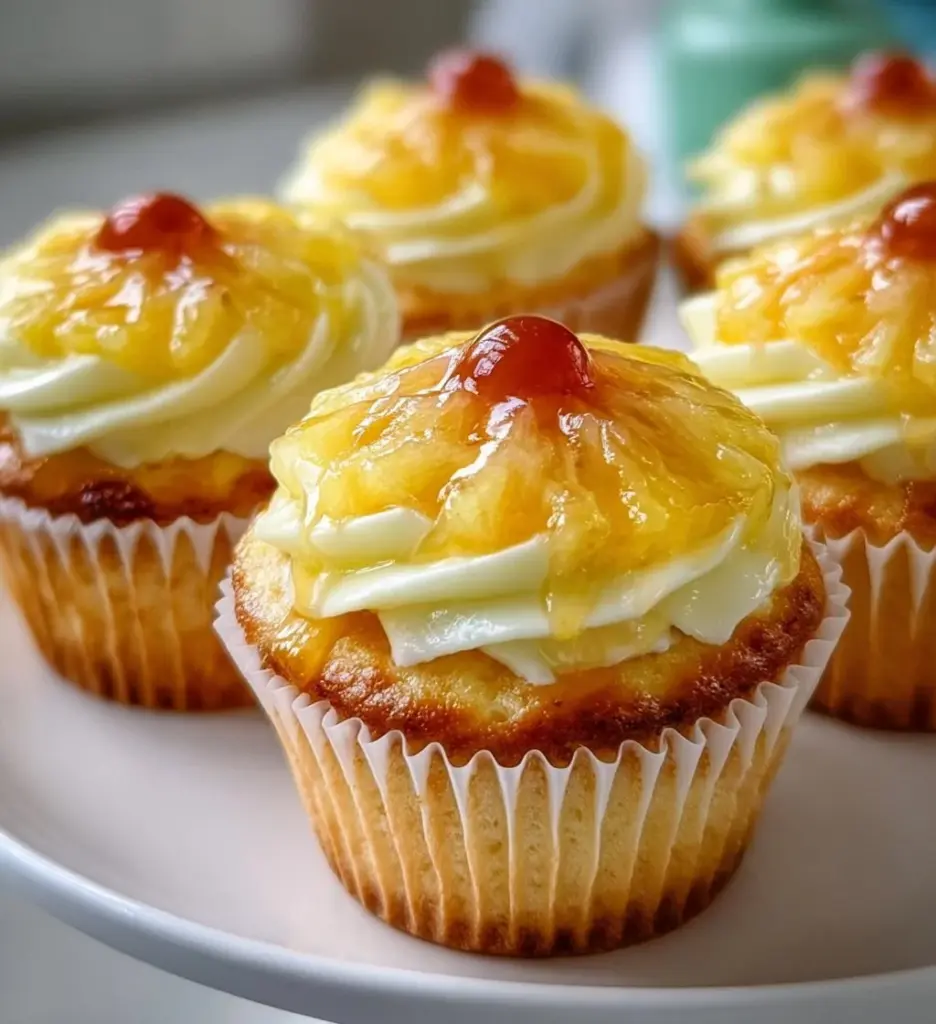Delicious Pina Colada Cupcakes topped with creamy frosting and garnished with pineapple.