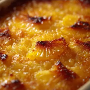 Delicious and golden brown Pineapple Bake served on a white plate