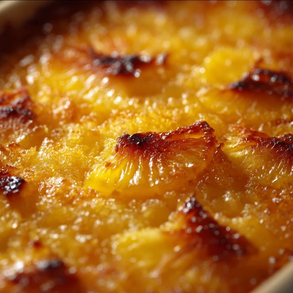 Delicious and golden brown Pineapple Bake served on a white plate