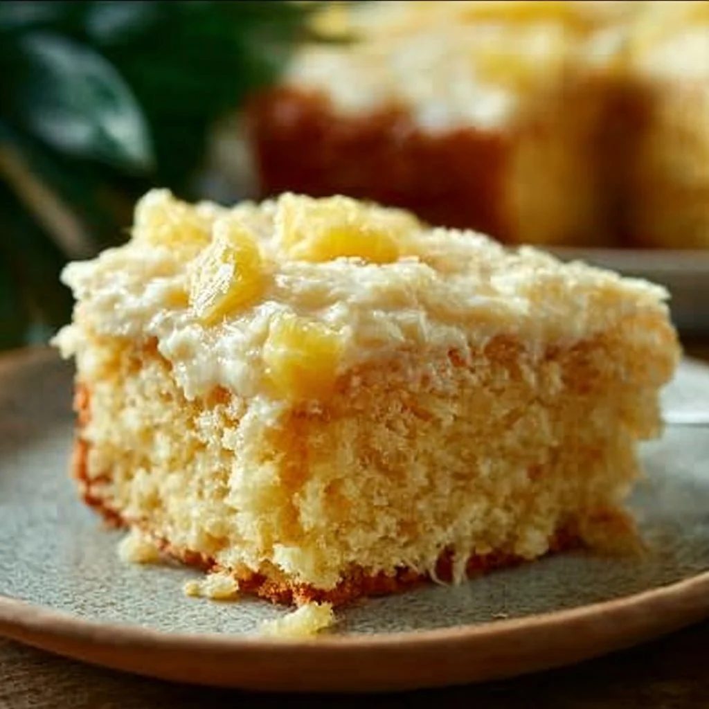 Delicious Pineapple Sunshine Cake topped with fresh pineapple slices and whipped cream.