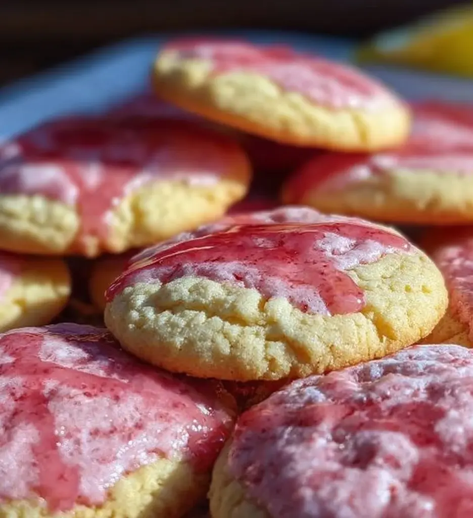Delicious pink lemonade cookies on a white plate with lemon slices