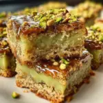 Delicious pistachio dream cookie bars topped with nuts and icing.