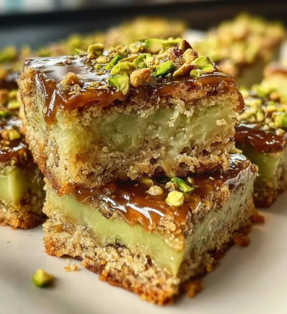 Delicious pistachio dream cookie bars topped with nuts and icing.