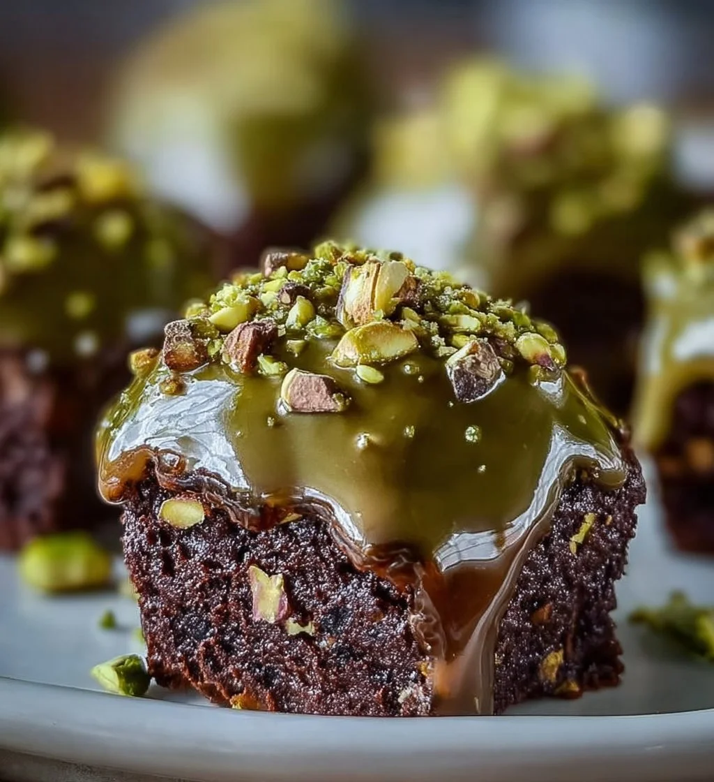 Delicious Pistachio Ferrero Rocher Brownies topped with chocolate and nuts