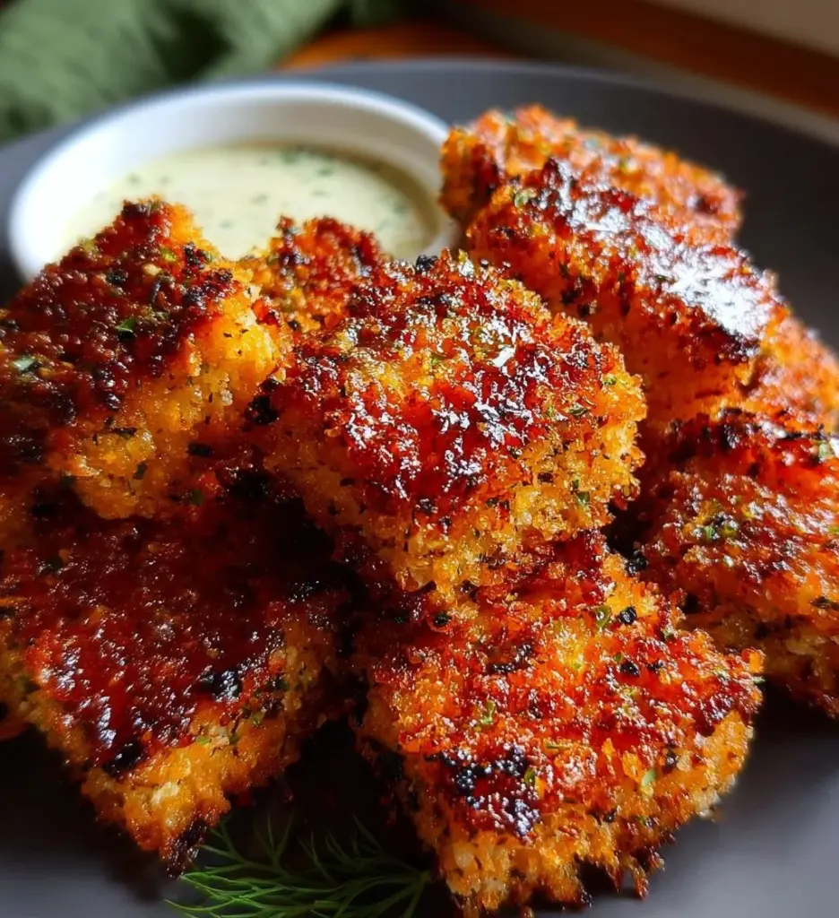 Panko crusted salmon bites served with dipping sauce on a plate
