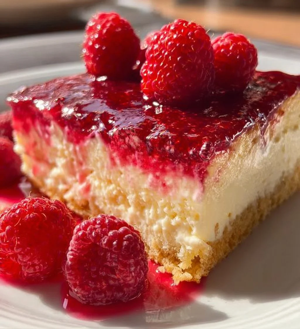 Slice of raspberry cheesecake topped with fresh raspberries and whipped cream