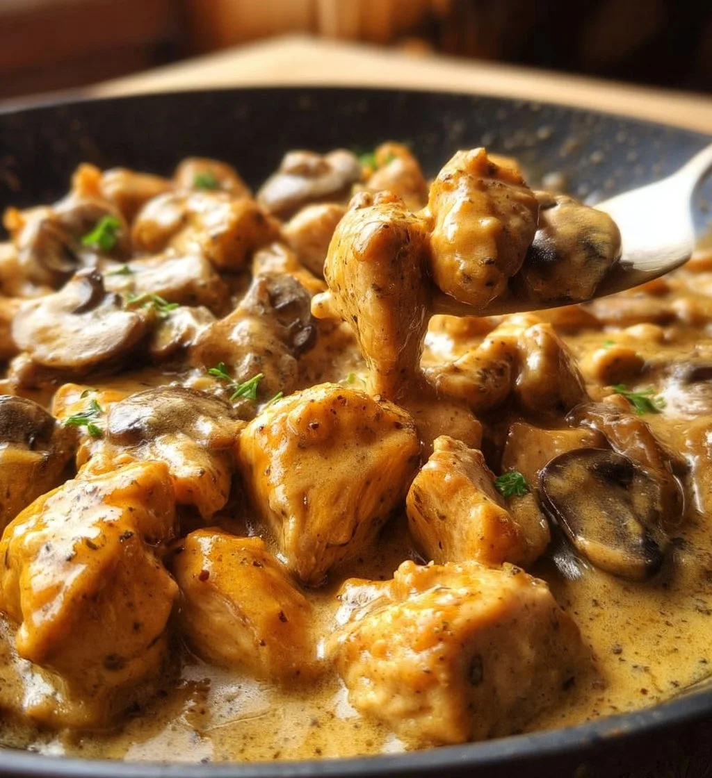 Delicious bowl of rich Chicken Stroganoff with mushrooms and creamy sauce