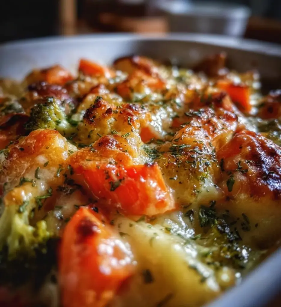 Rich creamy winter vegetable bake with seasonal vegetables in a creamy sauce