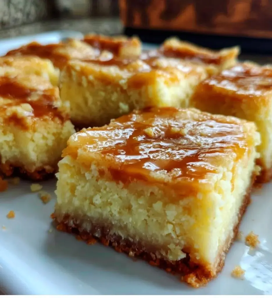Delicious salted caramel cheesecake bars topped with caramel drizzle