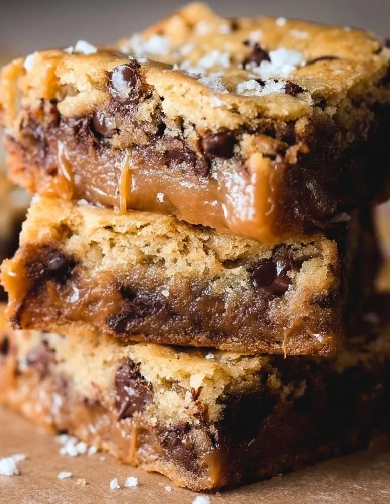 Salted caramel chocolate chip cookie bars prepared on a baking tray