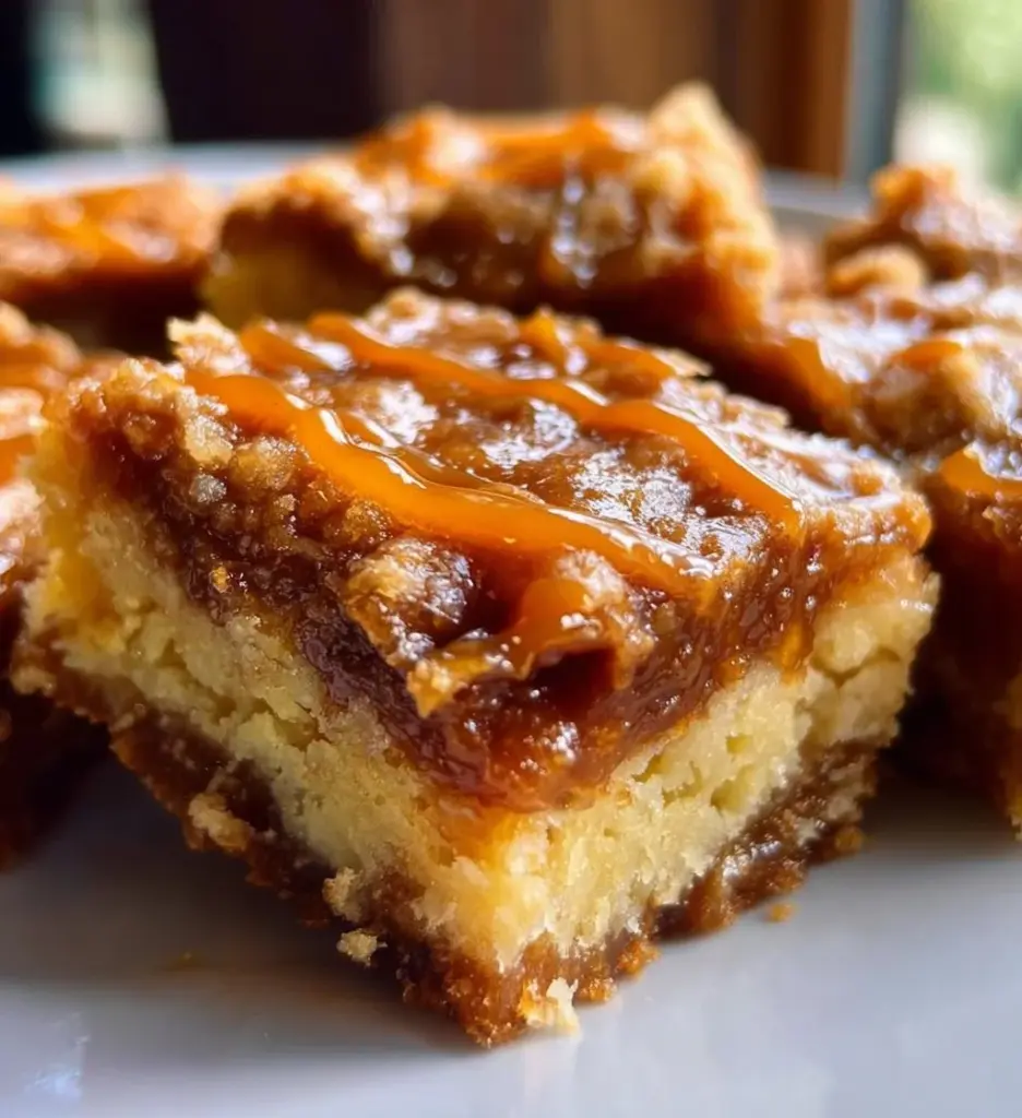 Salted Caramel Gooey Butter Bars topped with a drizzle of caramel sauce