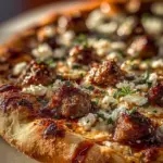 Sausage Feta Honey Pizza topped with fresh ingredients and drizzled with honey