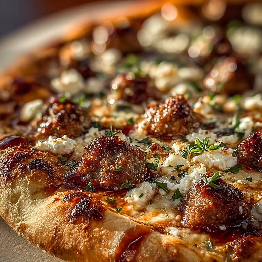 Sausage Feta Honey Pizza topped with fresh ingredients and drizzled with honey