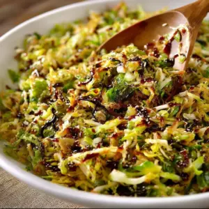 Sautéed shredded Brussels sprouts with balsamic glaze in a skillet