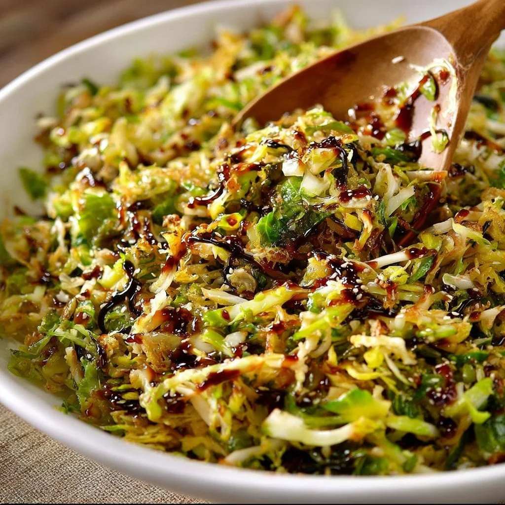 Sautéed shredded Brussels sprouts with balsamic glaze in a skillet