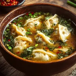 Bowl of savory Asian dumpling soup with herbs and vegetables