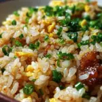 Bowl of savory Japanese garlic fried rice with fresh herbs and vegetables