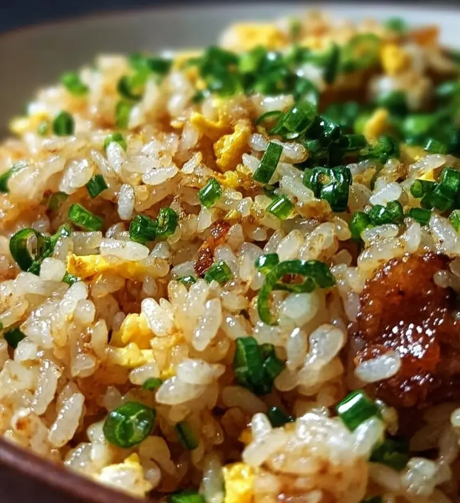 Bowl of savory Japanese garlic fried rice with fresh herbs and vegetables