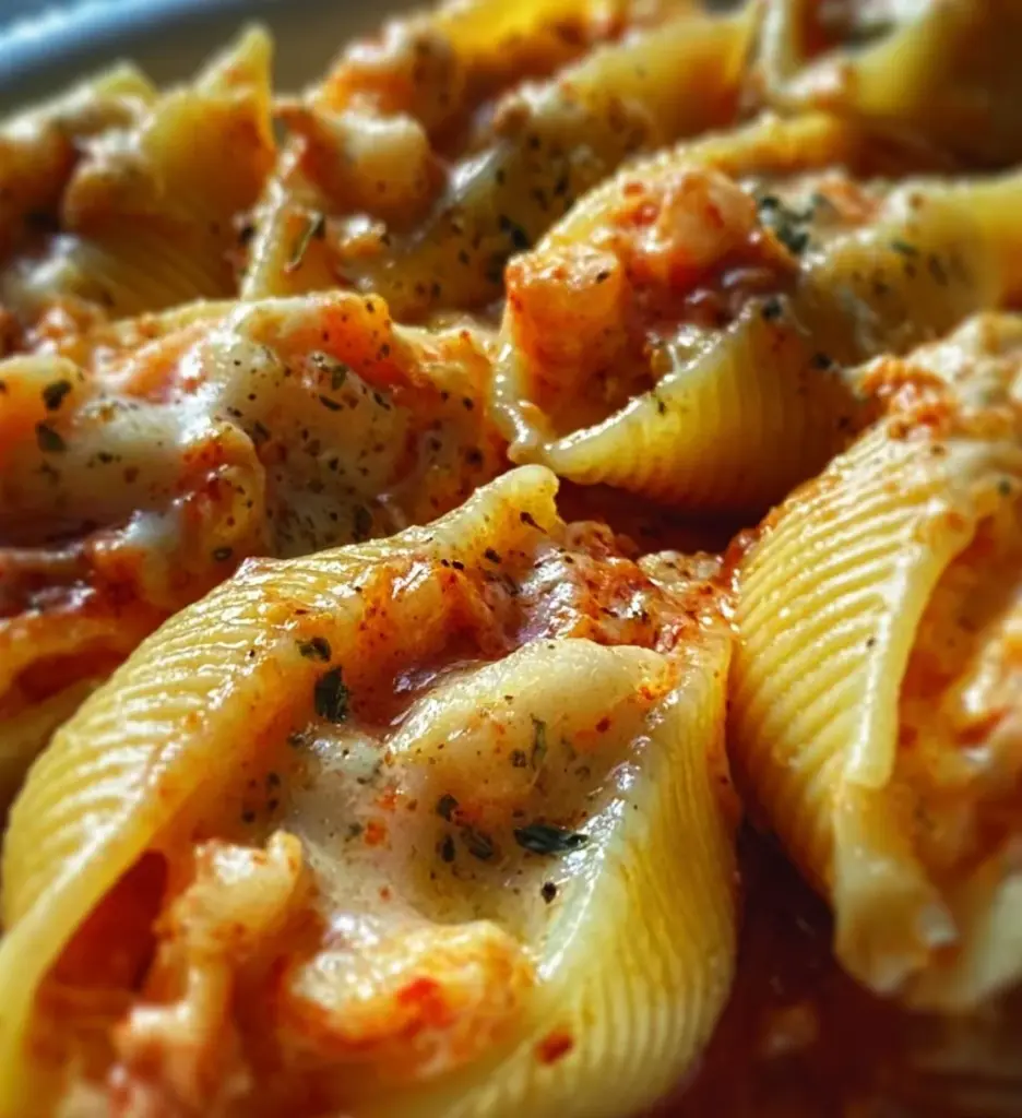 Plate of seafood stuffed shells topped with cheese and herbs