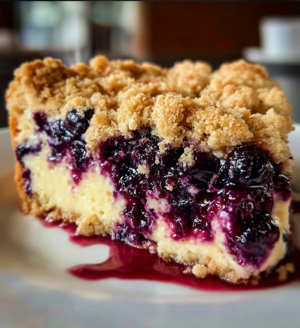 Slice of Sherry's Blueberry Cream Cheese Crumb Cake with berries on top