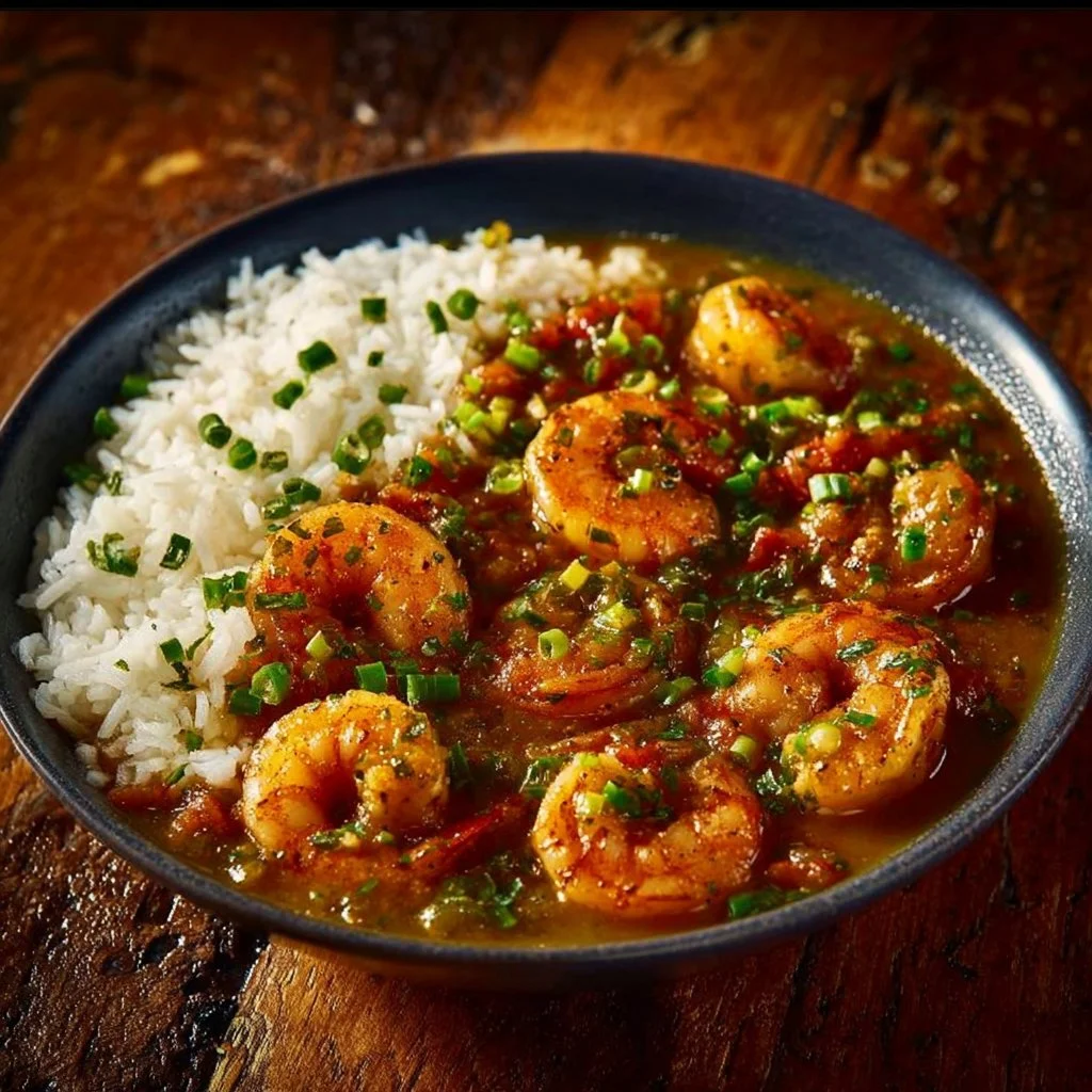Delicious Shrimp Étouffée served with rice, a classic Cajun dish rich in flavor.