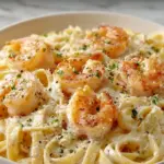 Creamy Shrimp Fettuccine Alfredo served in a bowl with garnished parsley.