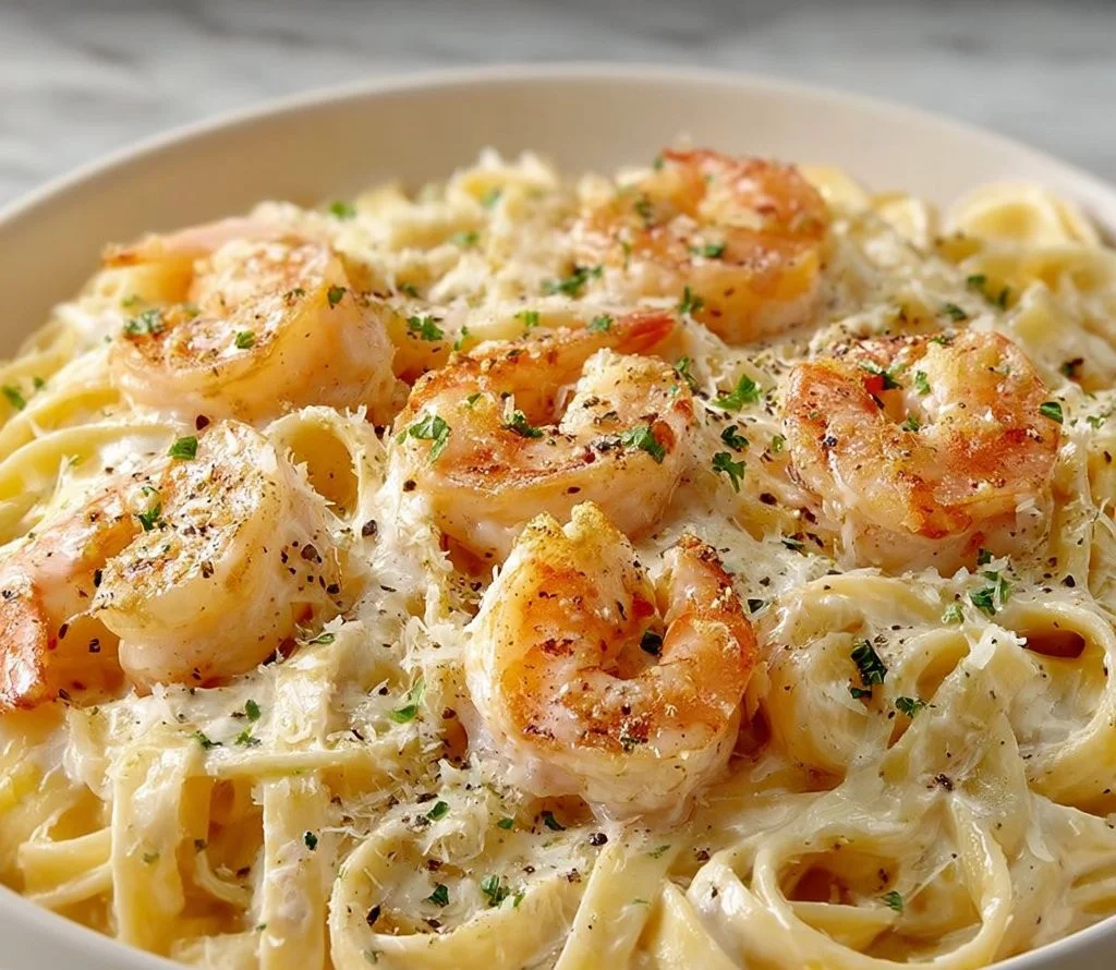 Creamy Shrimp Fettuccine Alfredo served in a bowl with garnished parsley.