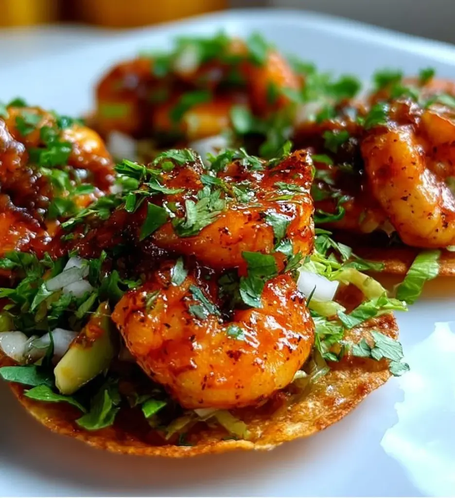 Delicious shrimp tostadas topped with fresh ingredients on a crispy tortilla.