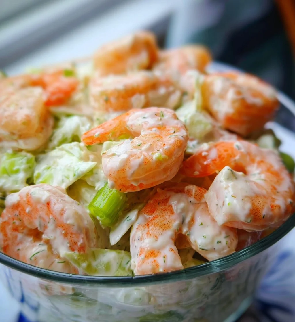 Delicious Simple Creamy Shrimp Salad served in a bowl with fresh ingredients