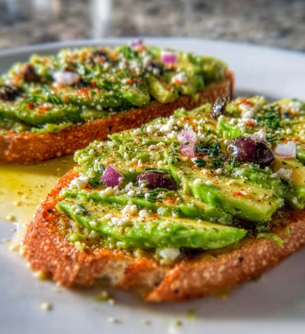 Simple Greek Avocado Toast topped with feta cheese and olives