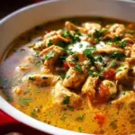 Bowl of simple keto white chicken chili topped with herbs and cheese