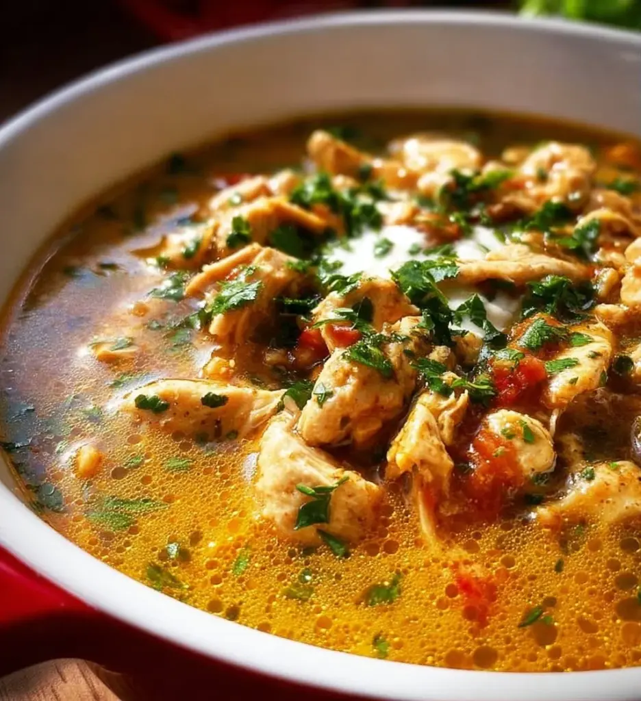 Bowl of simple keto white chicken chili topped with herbs and cheese