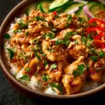 Slow Cooker Thai Peanut Chicken served with rice and vegetables