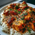 Plate of smothered chicken served over fluffy rice, garnished with herbs