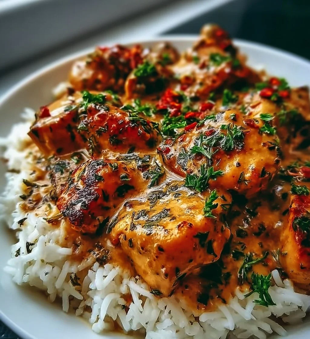 Plate of smothered chicken served over fluffy rice, garnished with herbs