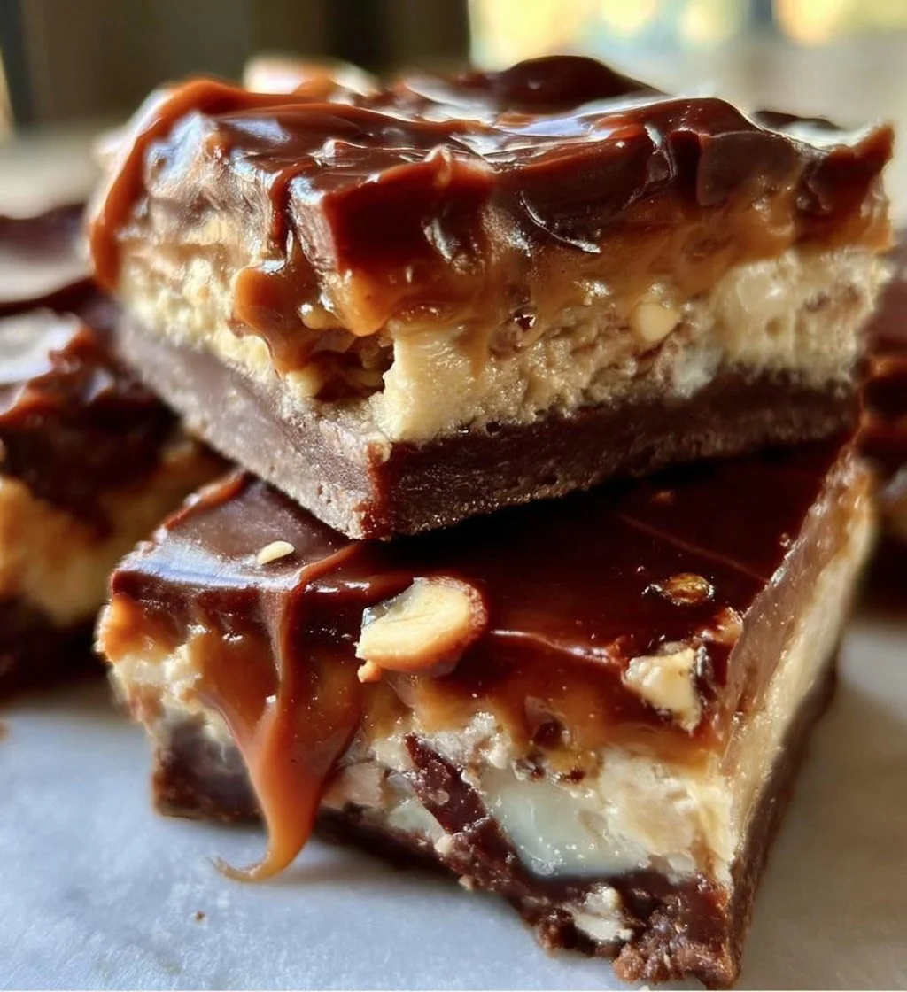 Delicious Snickers Cheesecake Bars with layers of caramel and chocolate