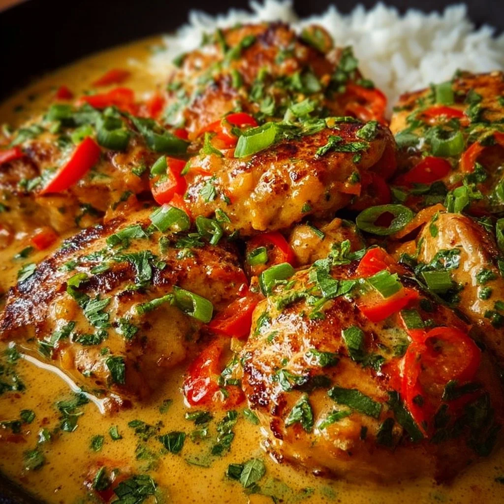 Plate of Spicy Brazilian Coconut Chicken garnished with fresh herbs and served with rice