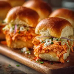 Delicious spicy Buffalo chicken sliders on a platter ready to serve.